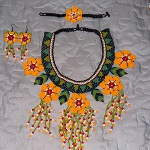 Handmade Orange Floral Beaded Necklace Set - Women Jewelry